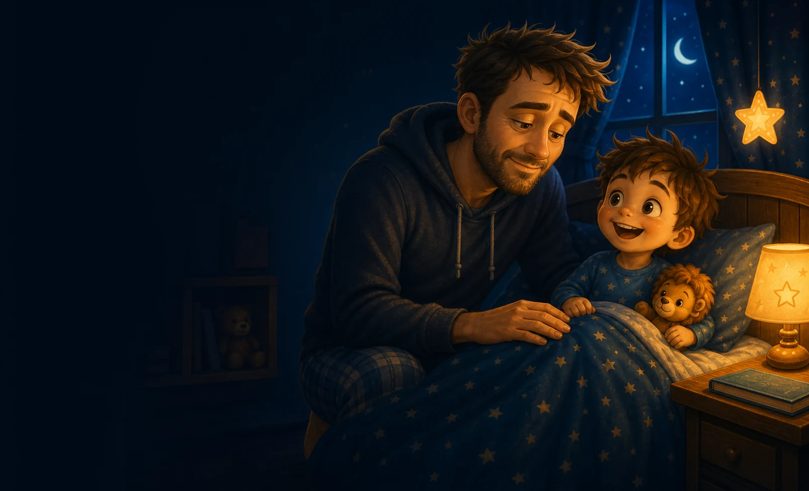 Exhausted father putting his wide-awake child to bed